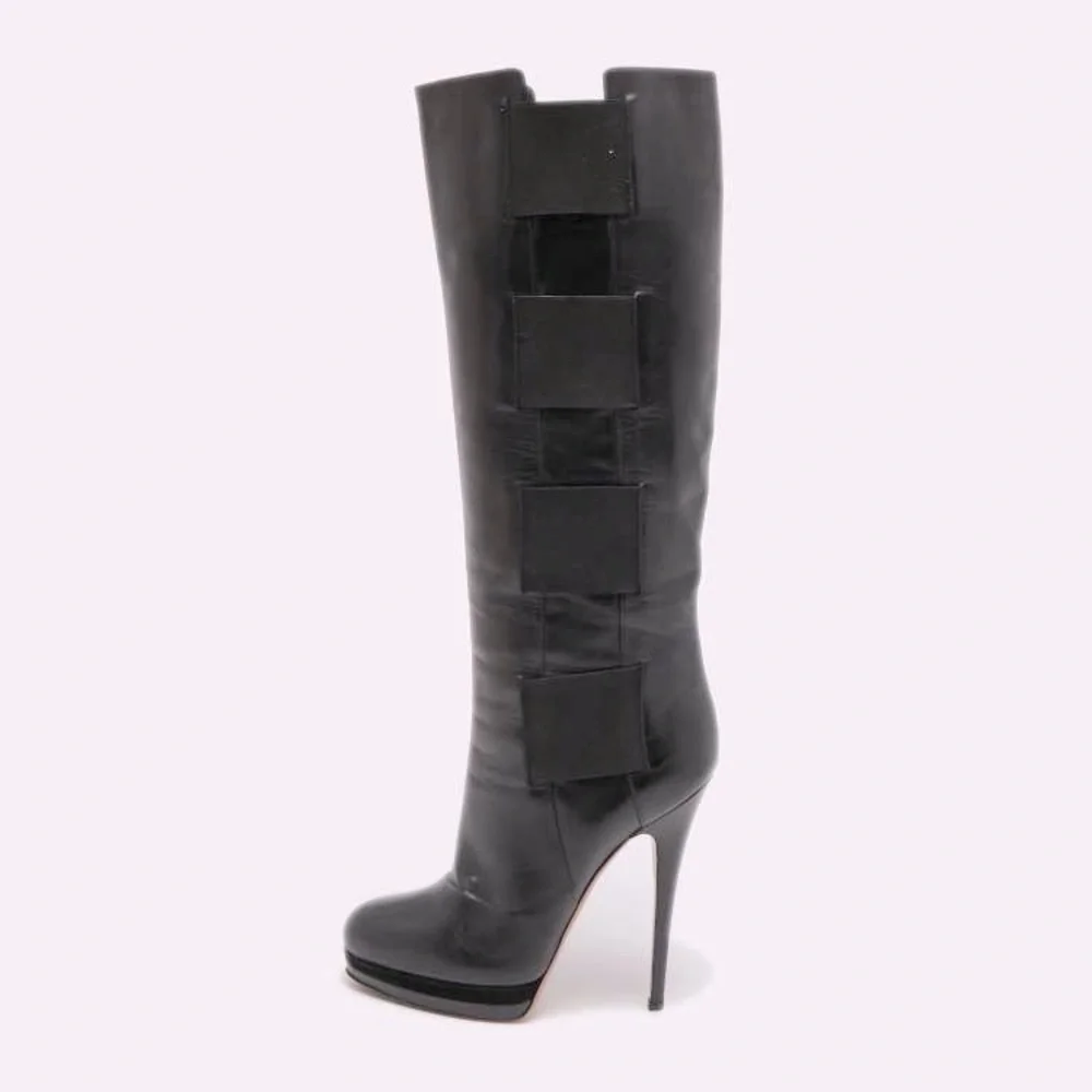 Casadei Knee High Black Leather Boots with Elastic Detail. Sz. 7 - Picture 2 of 8